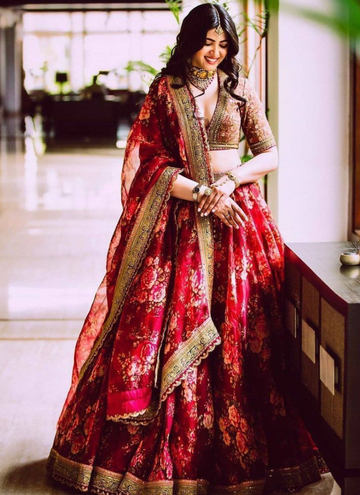 Trending Floral Printed Maroon Organza Lehenga Choli